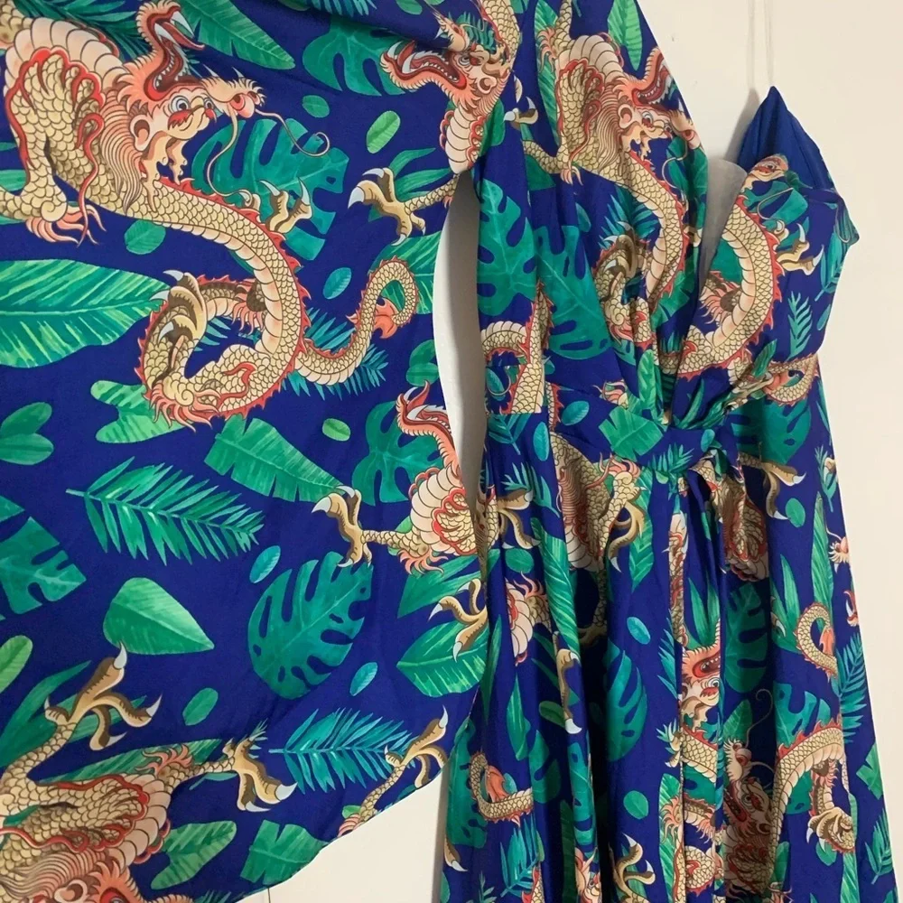 New Giffniseti Dragon Shoulder Bridesmaid Maxi Dress Gown Kimono Blue Orange - Picture 14 of 15